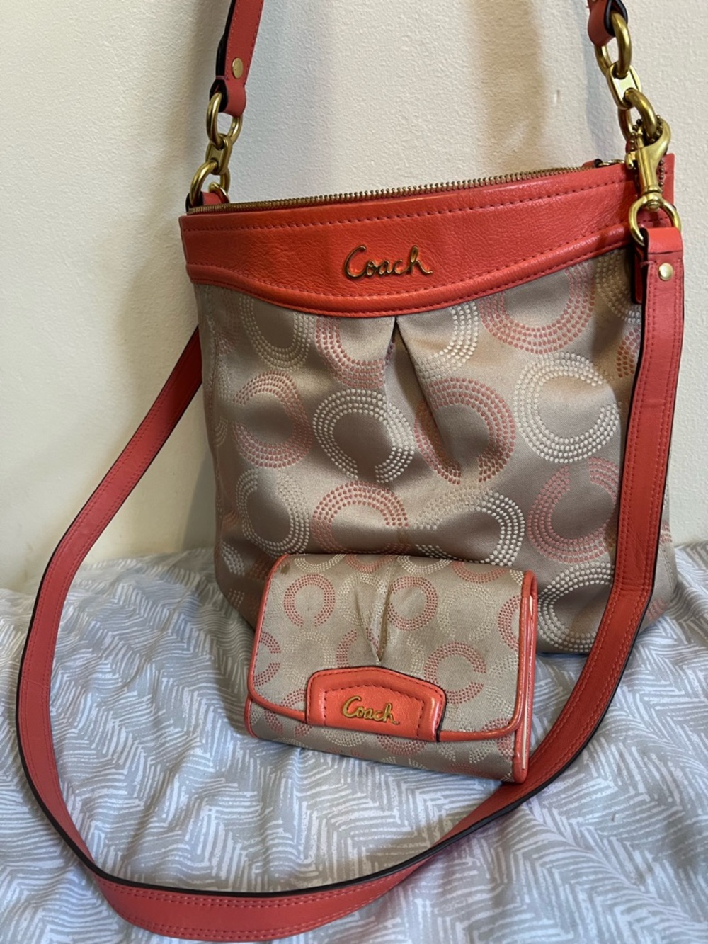 Authentic Coach Ashley Dotted Op Art Crossbody Bag & Matching Wallet Set